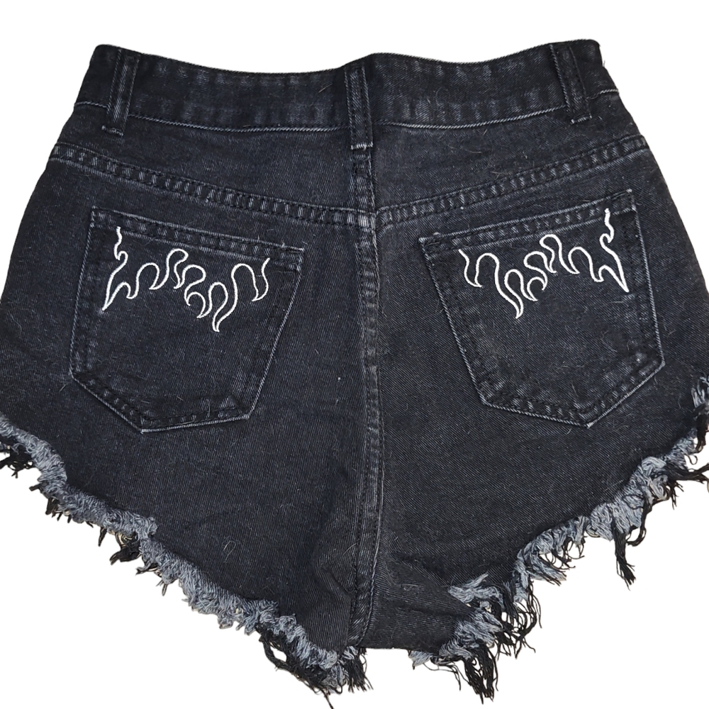 Shein Black Denim Jean White Flame Embroidery Raw Hem Women's Size XS